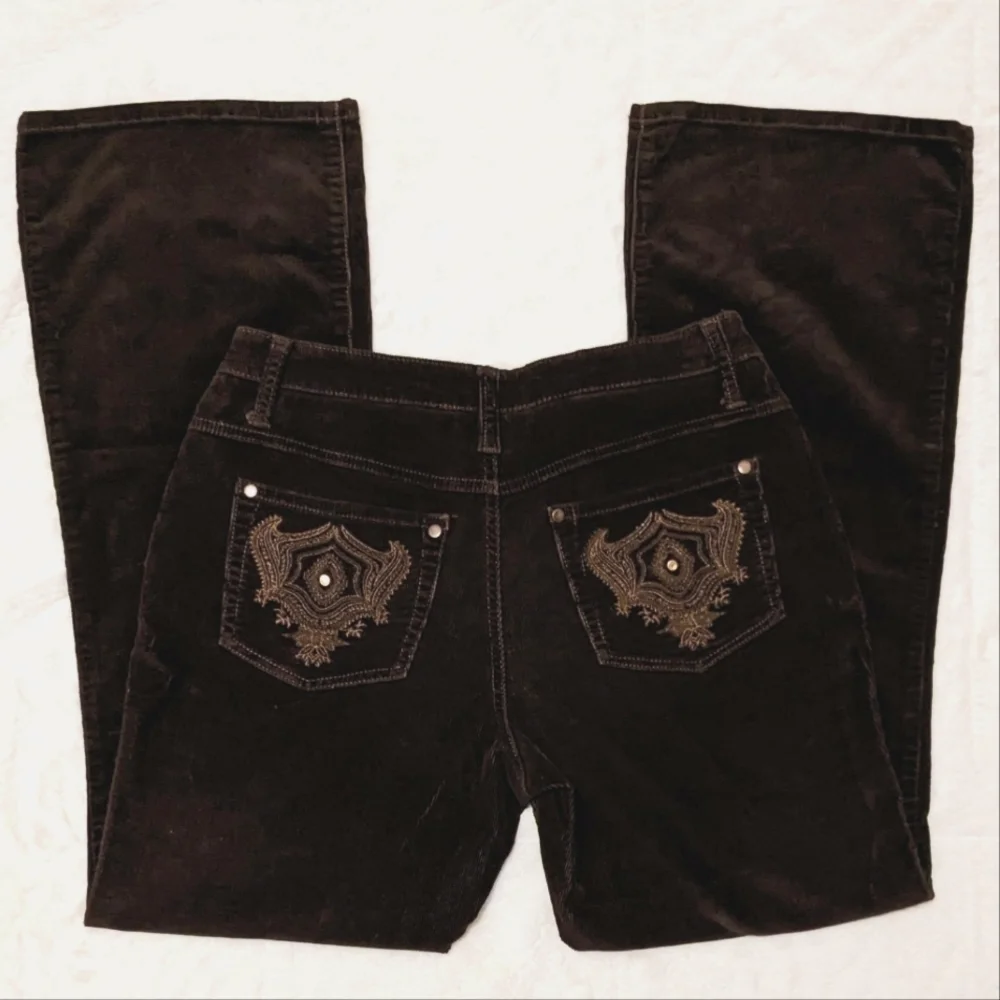 Fashion Bug Corduroy Flared Pants Dark Brown Stretch Embroidery Cotton Fall